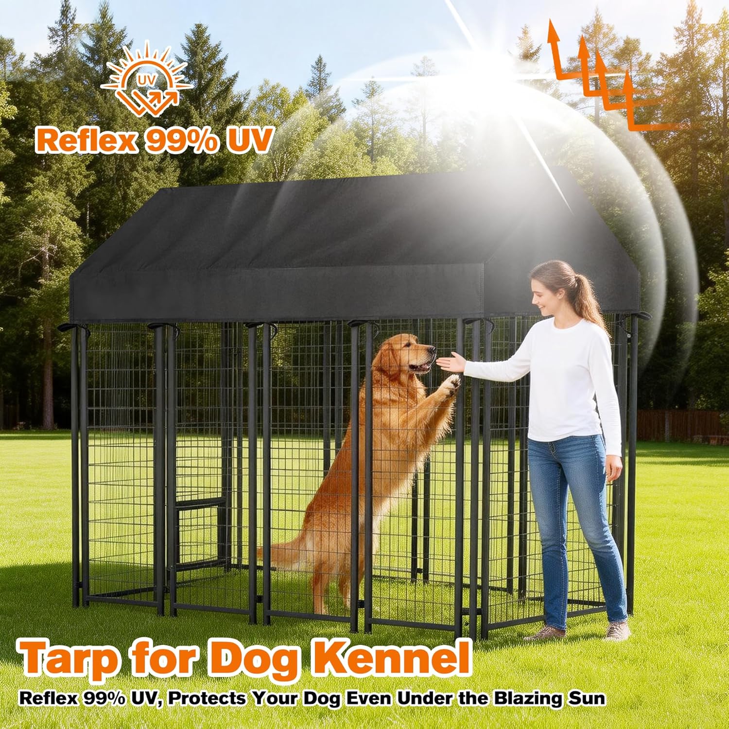 Reverse side of the dog kennel roof displaying the silver ultraviolet protective coating.