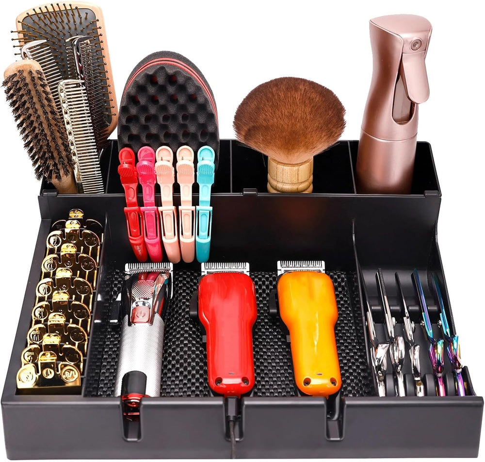 ZIBARBER stylist tool box organizer front view displaying the three clipper slots and black ABS plastic finish.