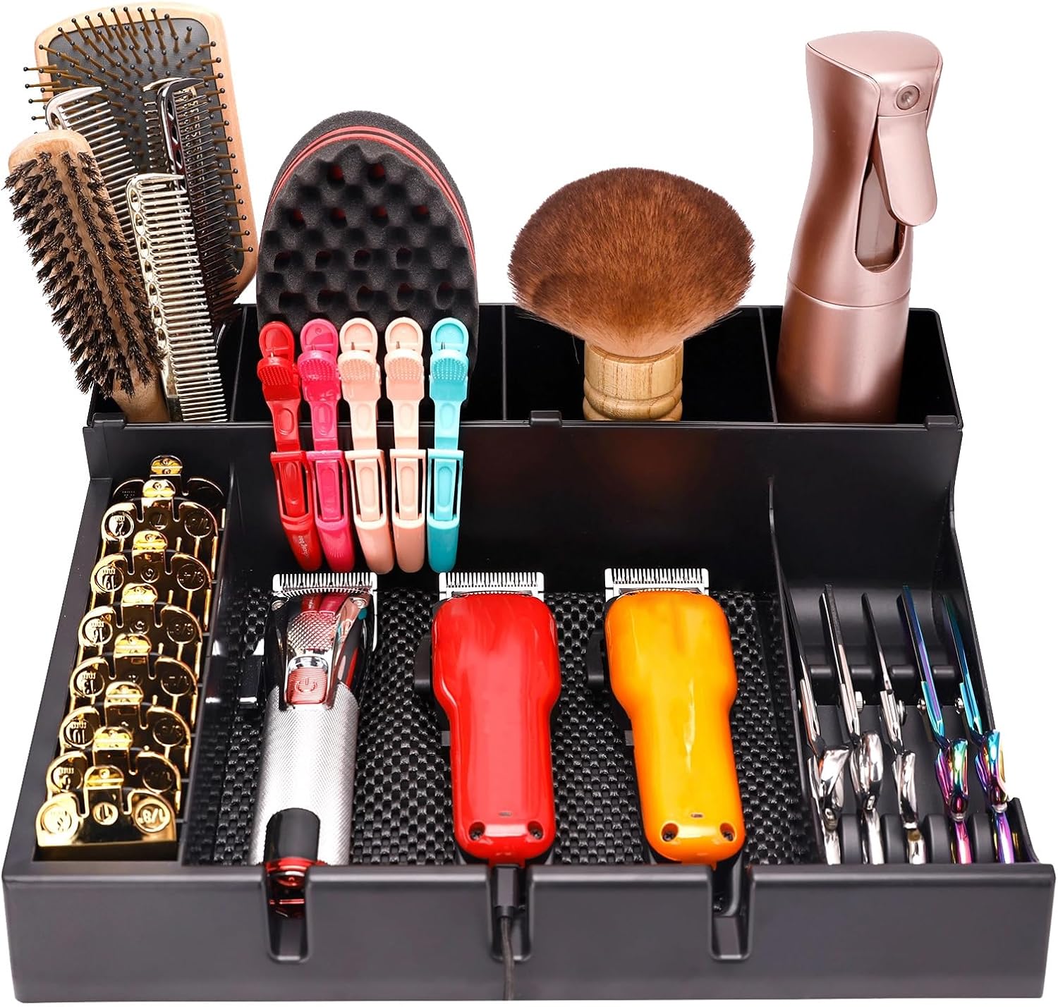 ZIBARBER stylist tool box organizer front view displaying the three clipper slots and black ABS plastic finish.