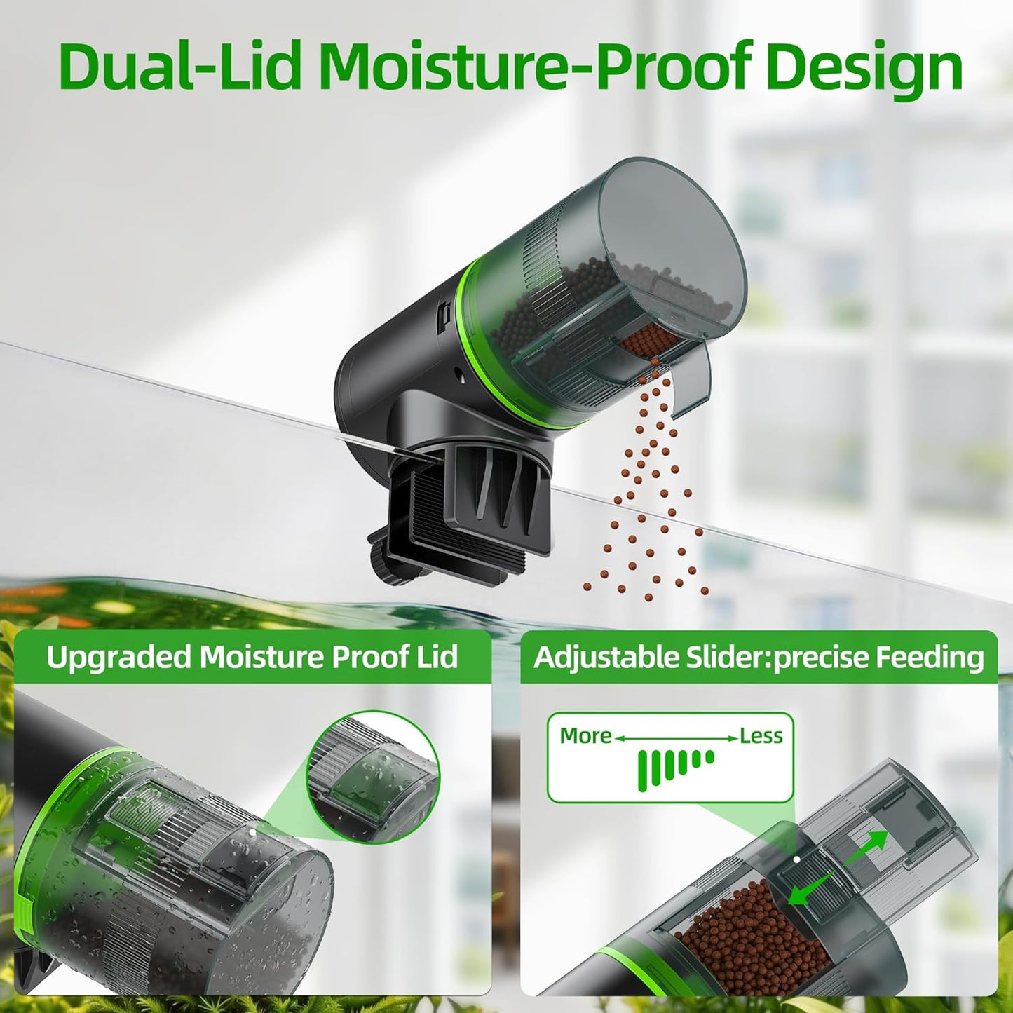Rechargeable aquarium timer feeder with automated interval settings close up.