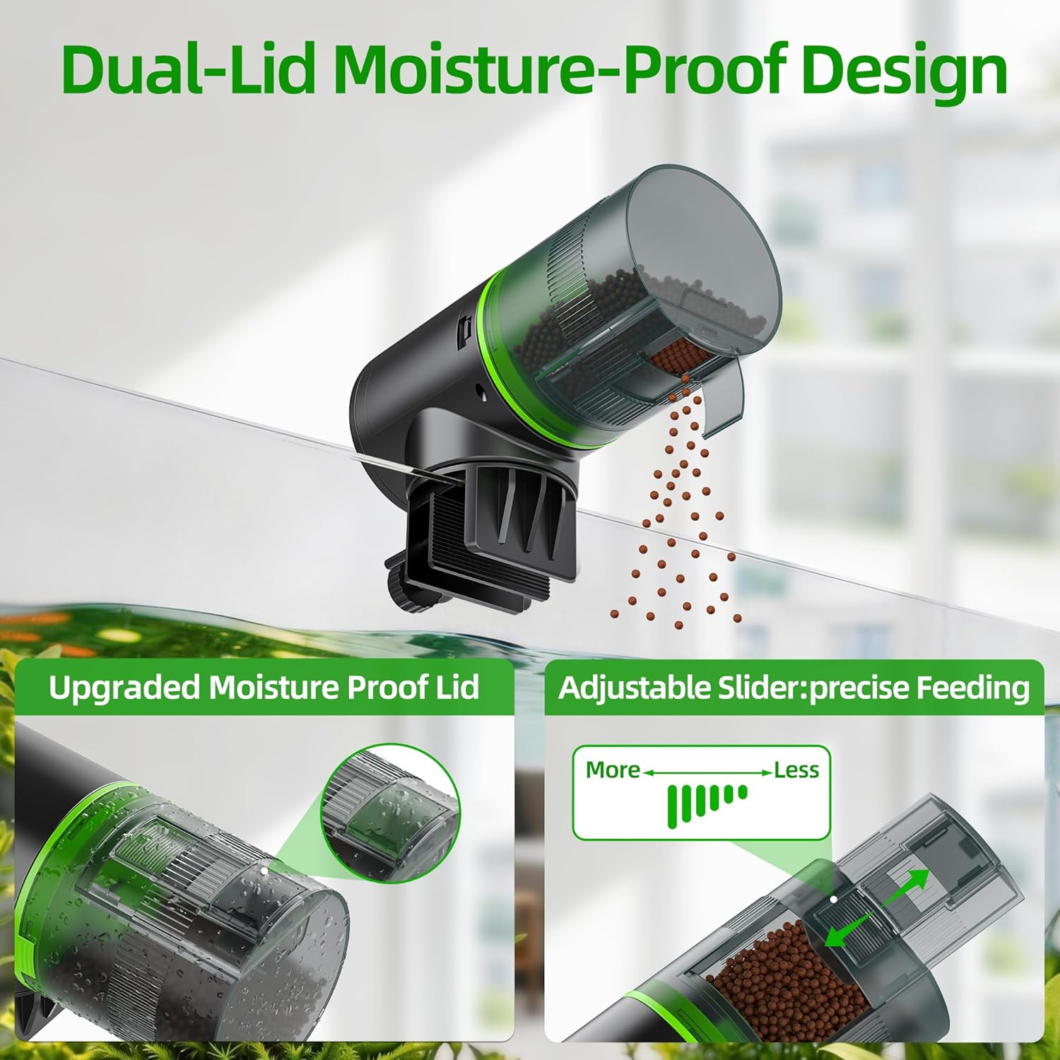 Rechargeable aquarium timer feeder with automated interval settings close up.