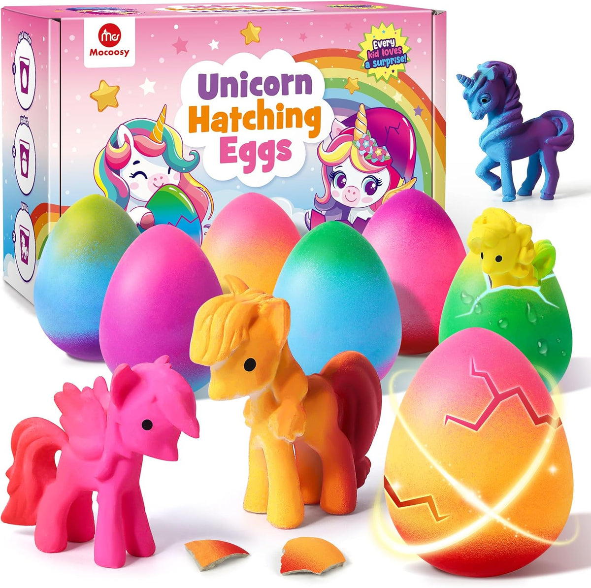 Mocoosy unicorn hatching rainbow surprise eggs packaging front view showing colorful toy set