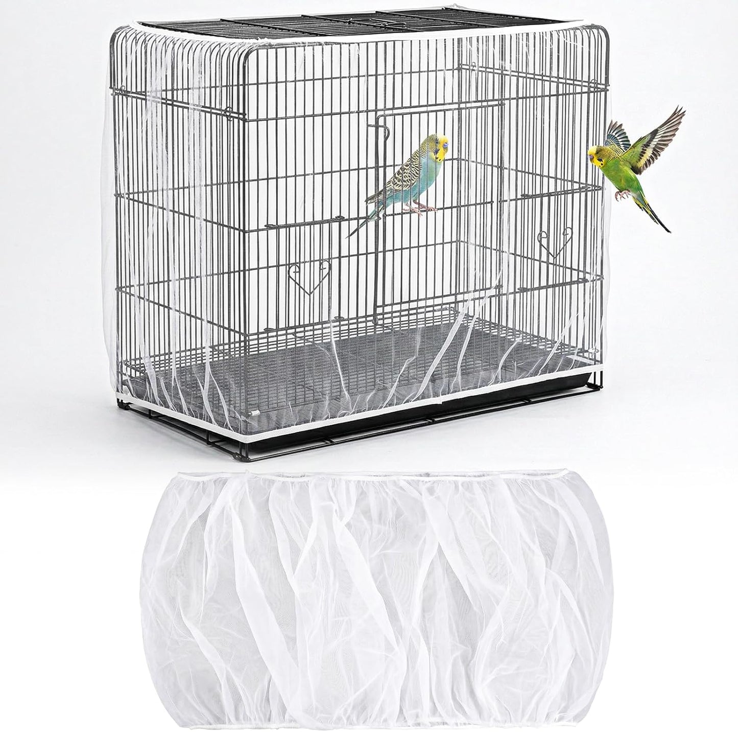 ASOCEA bird cage seed catcher mesh net front view installed on a white square parakeet cage