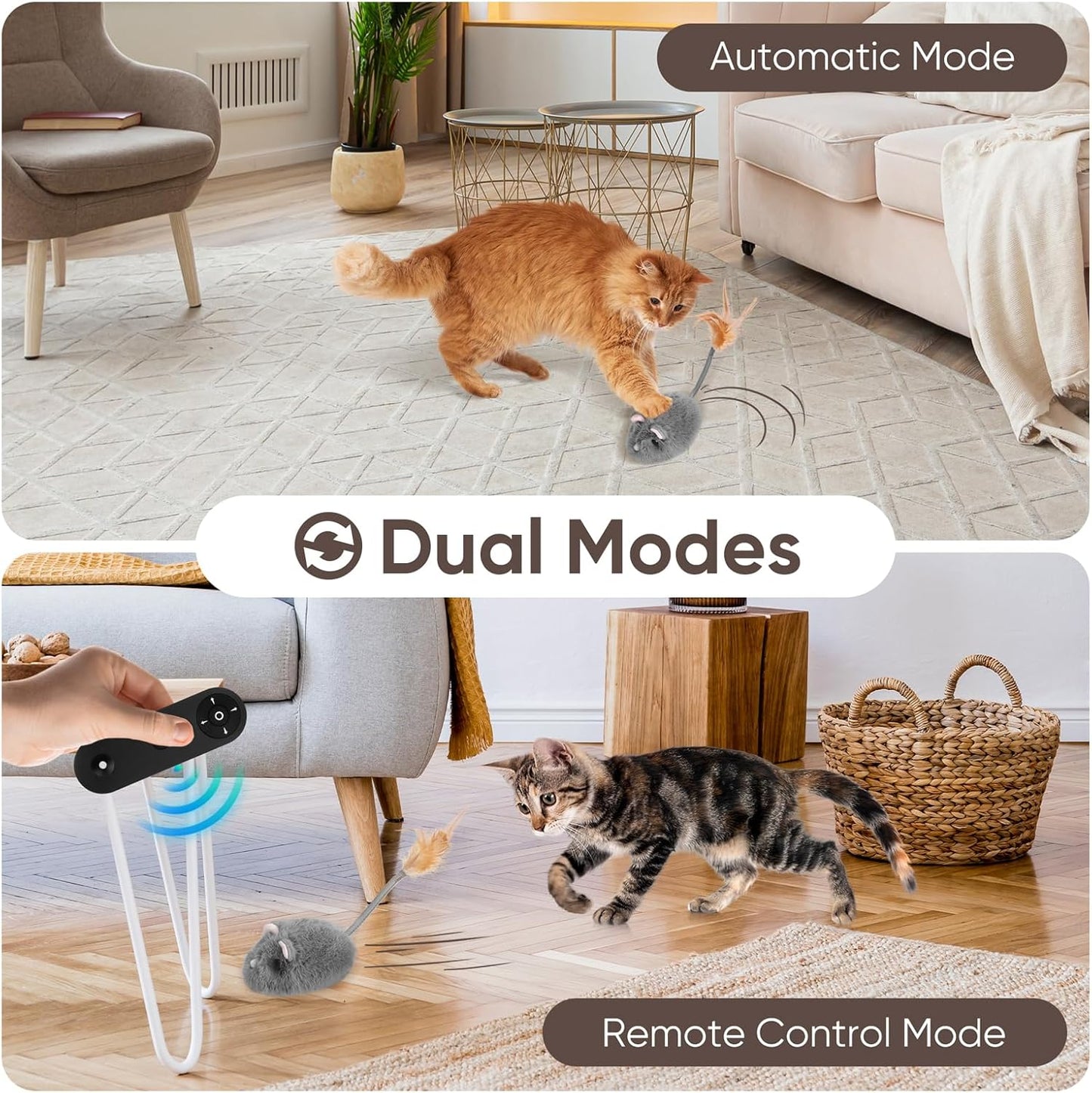 Pawingcat interactive kitten toy showing remote control and type-c charging.