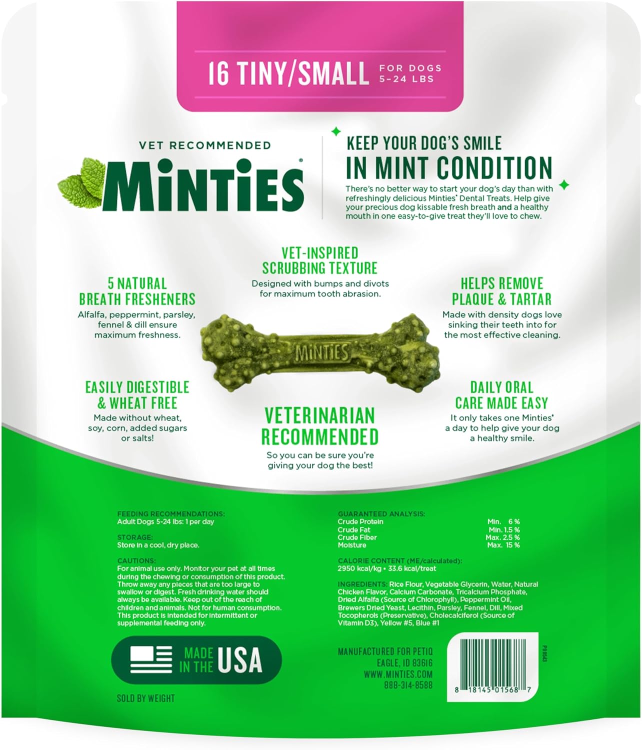 Graphic showing the five natural breath fresheners included in Minties dental bones.