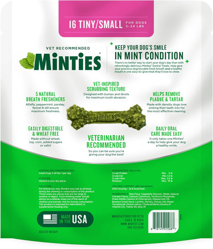 Graphic showing the five natural breath fresheners included in Minties dental bones.