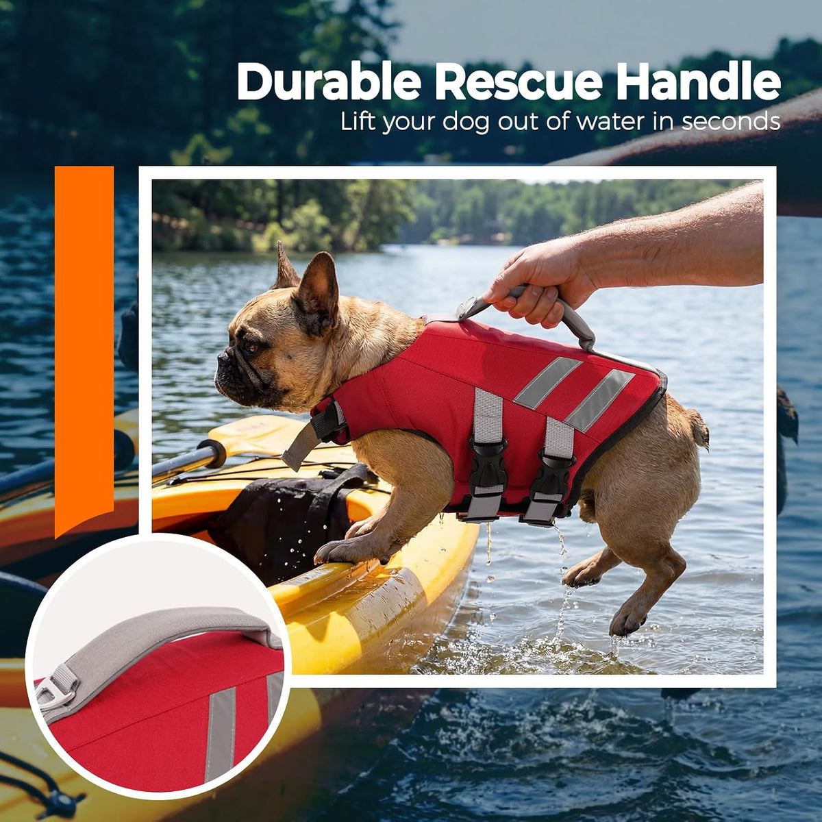 LeLePet high flotation pet swim vest top view highlighting the reinforced heavy duty rescue handle.