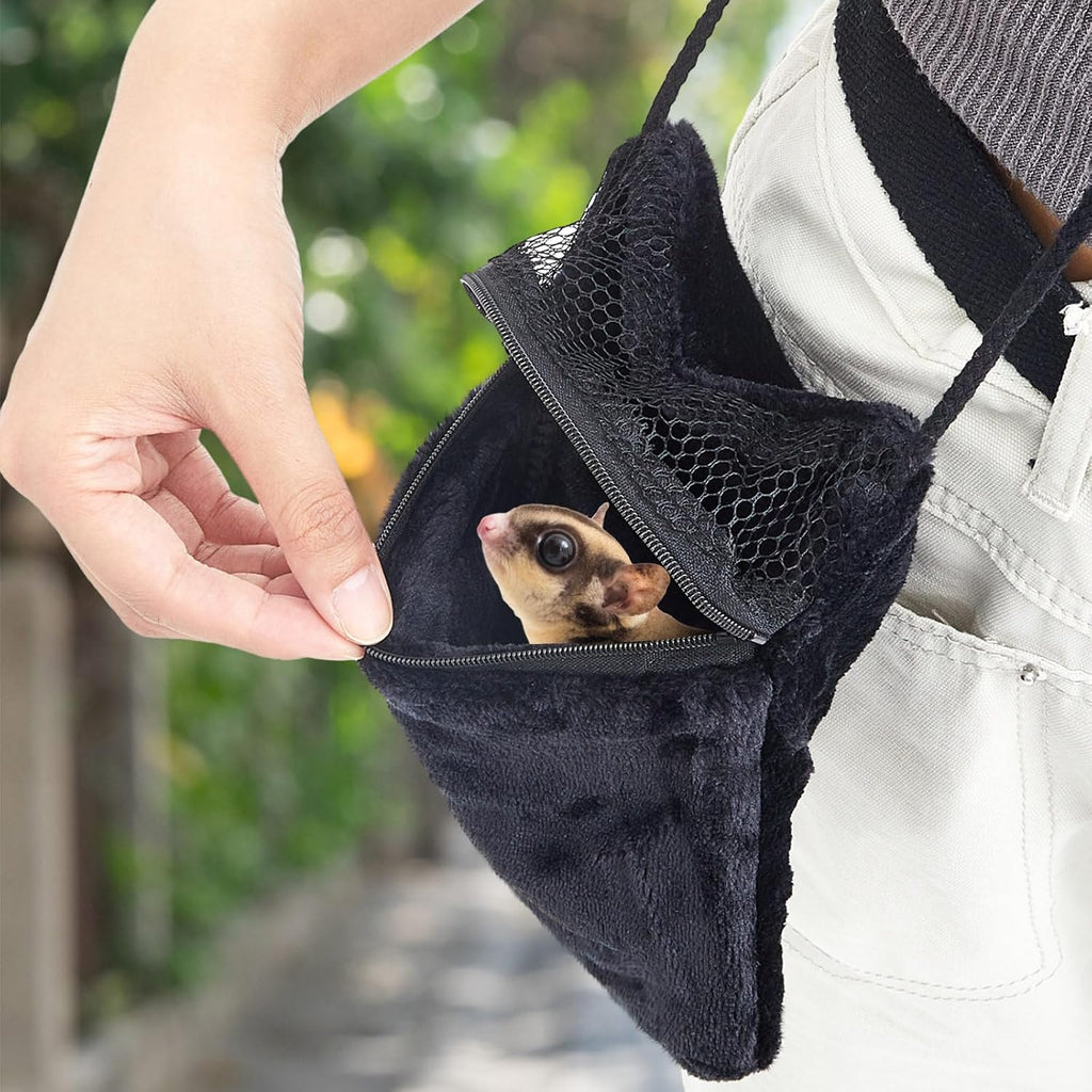 Sweetude 2 Pcs Sugar Glider Pouch Breathable Carrying Bonding Pouch Soft Hamster Carrier with Strap Zipper Small Animal Travel Sleeping Bag Cage Accessories for Rat Reptile Other Small Pets(Black) - Image 2