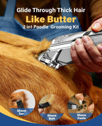 Oneisall low noise dog clippers showing stainless steel blade and guide combs