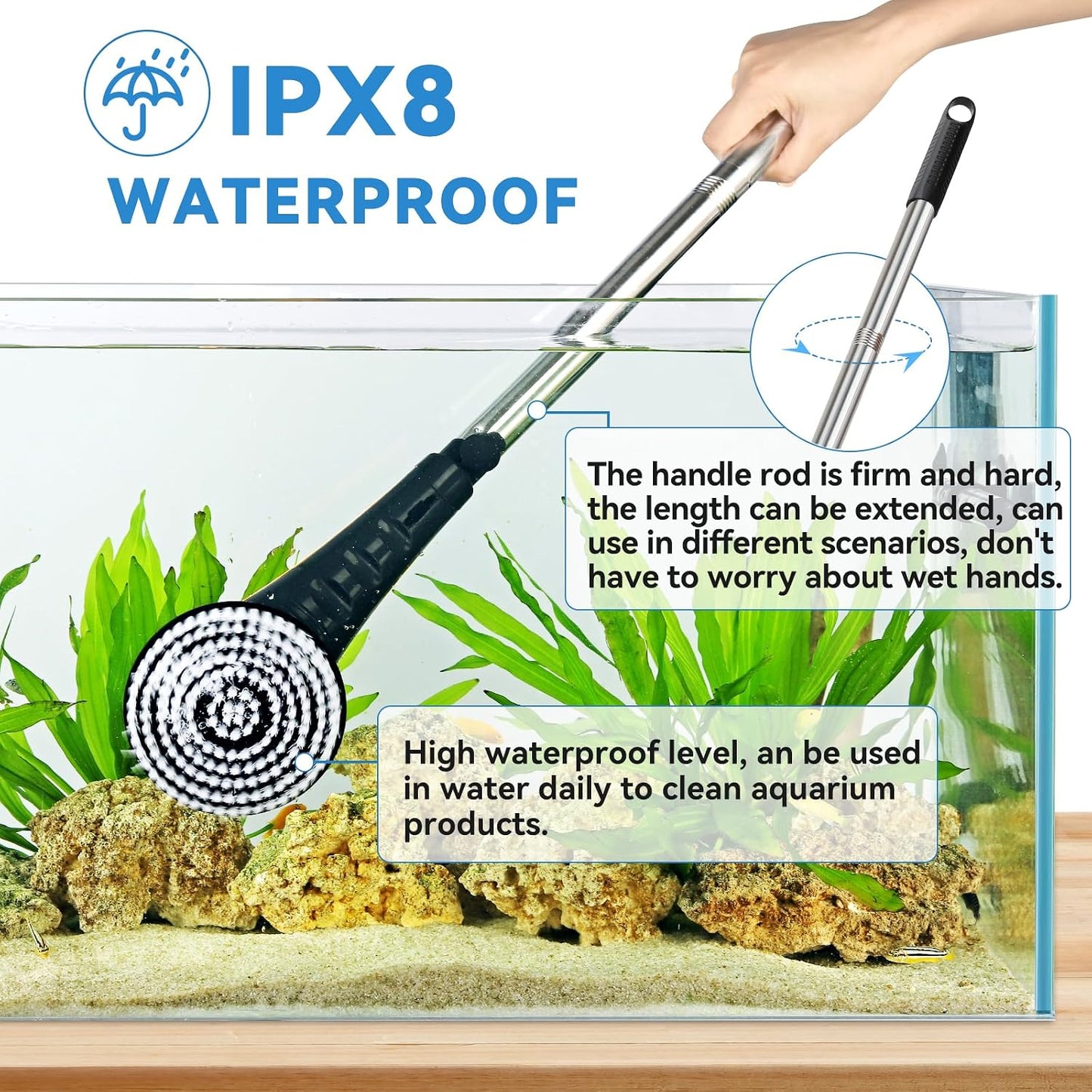 Adjustable extension handle of the Hygger electric fish tank brush being extended for deep reach.