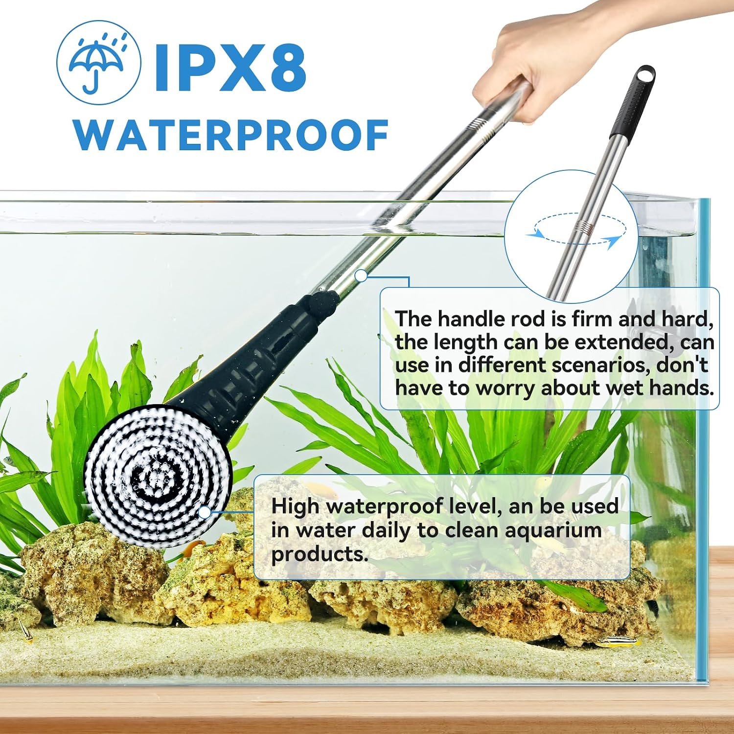 Adjustable extension handle of the Hygger electric fish tank brush being extended for deep reach.