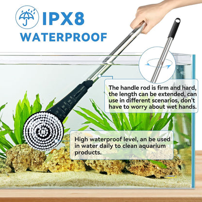 Adjustable extension handle of the Hygger electric fish tank brush being extended for deep reach.