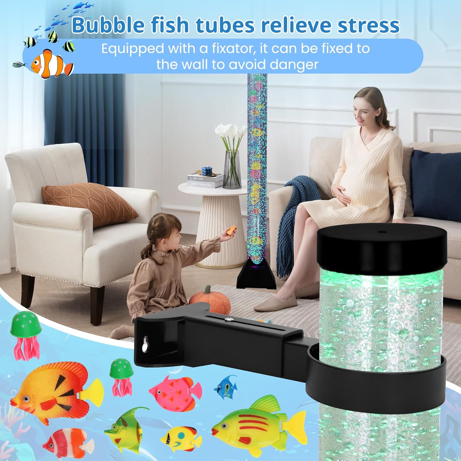 Dreamtrue tall fish aquarium lamp illuminating a home bedroom corner