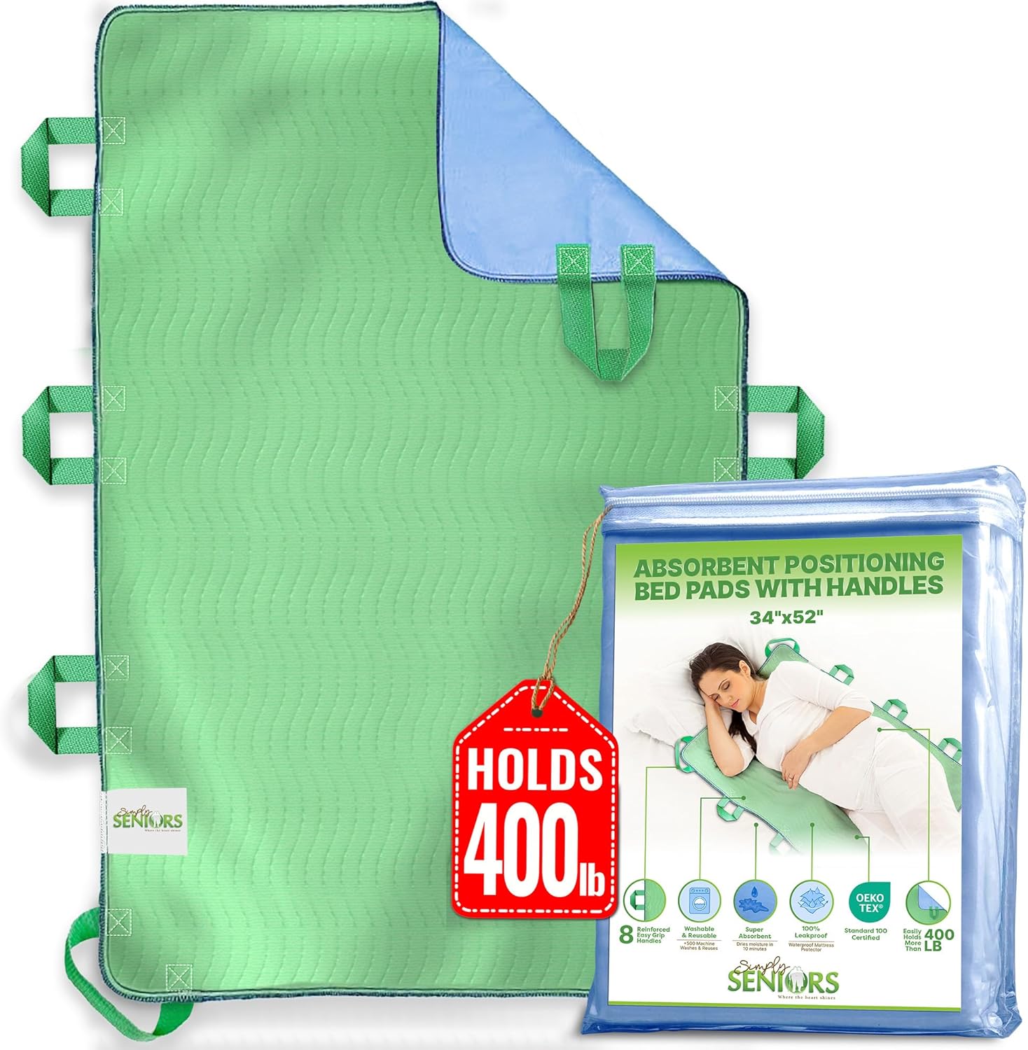 Simply Seniors positioning bed pad with 8 handles front view