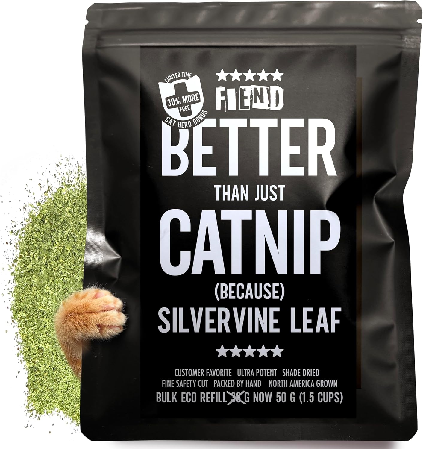 Close-up view of the fine safety-cut textured catnip and silvervine leaf blend mix.