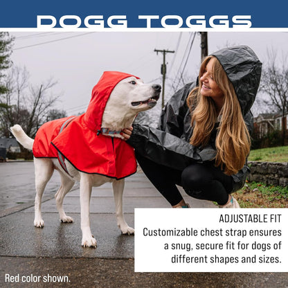 Frogg Toggs premium breathable dog rain jacket laid flat showing adjustable chest straps.