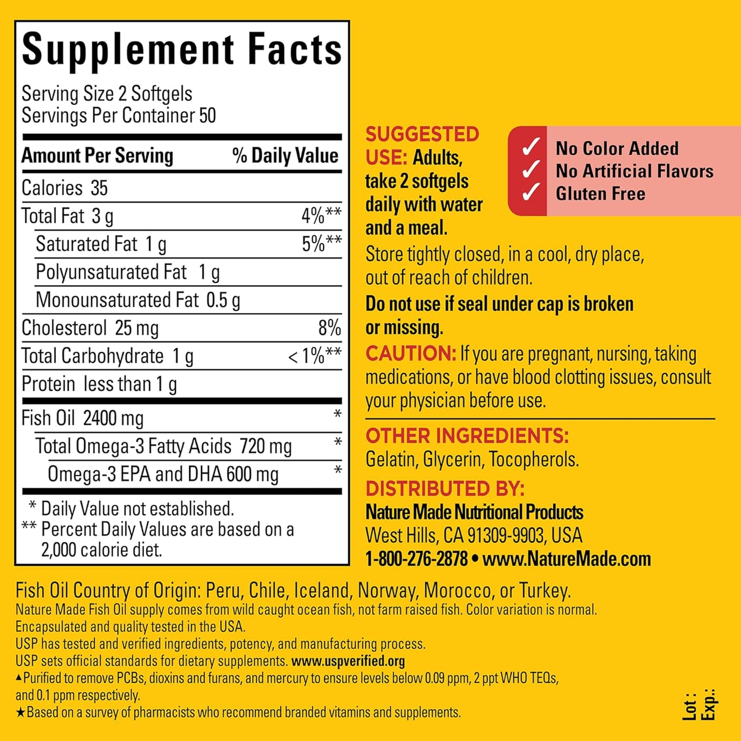 Side view of Nature Made 1200mg fish oil container illustrating ingredients and daily usage guidelines