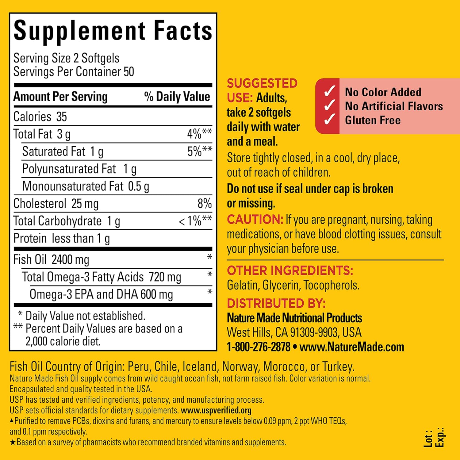 Side view of Nature Made 1200mg fish oil container illustrating ingredients and daily usage guidelines