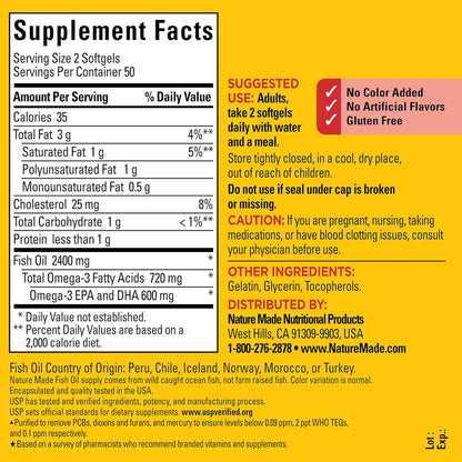 Side view of Nature Made 1200mg fish oil container illustrating ingredients and daily usage guidelines
