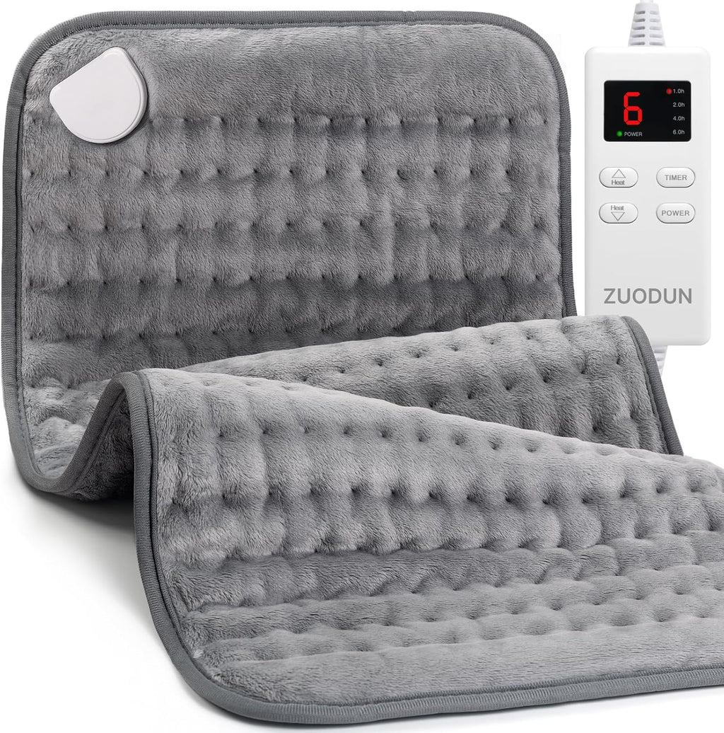 ZUODUN electric heating pad front view showing grey flannel fabric and attached digital LED controller for back pain relief.