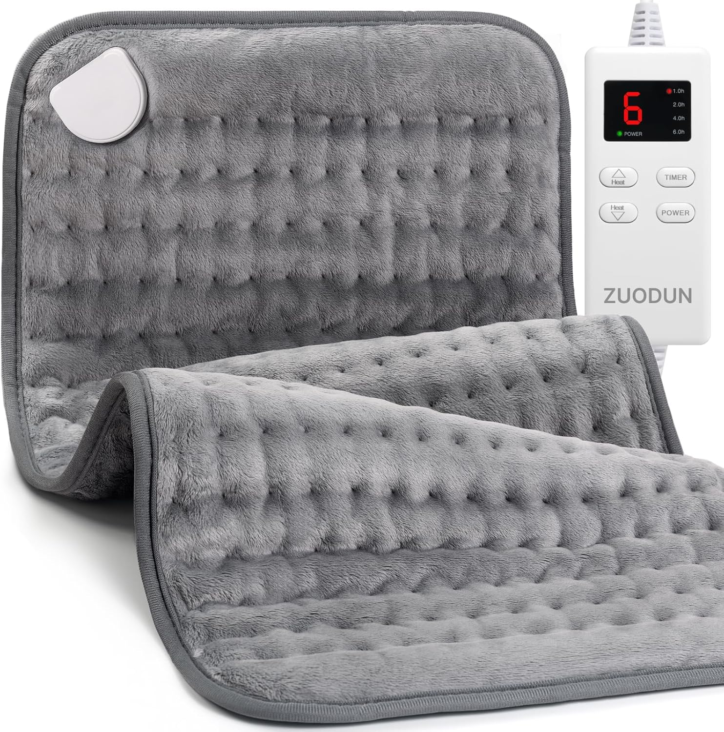 ZUODUN electric heating pad front view showing grey flannel fabric and attached digital LED controller for back pain relief.