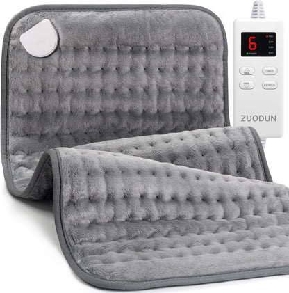 ZUODUN electric heating pad front view showing grey flannel fabric and attached digital LED controller for back pain relief.