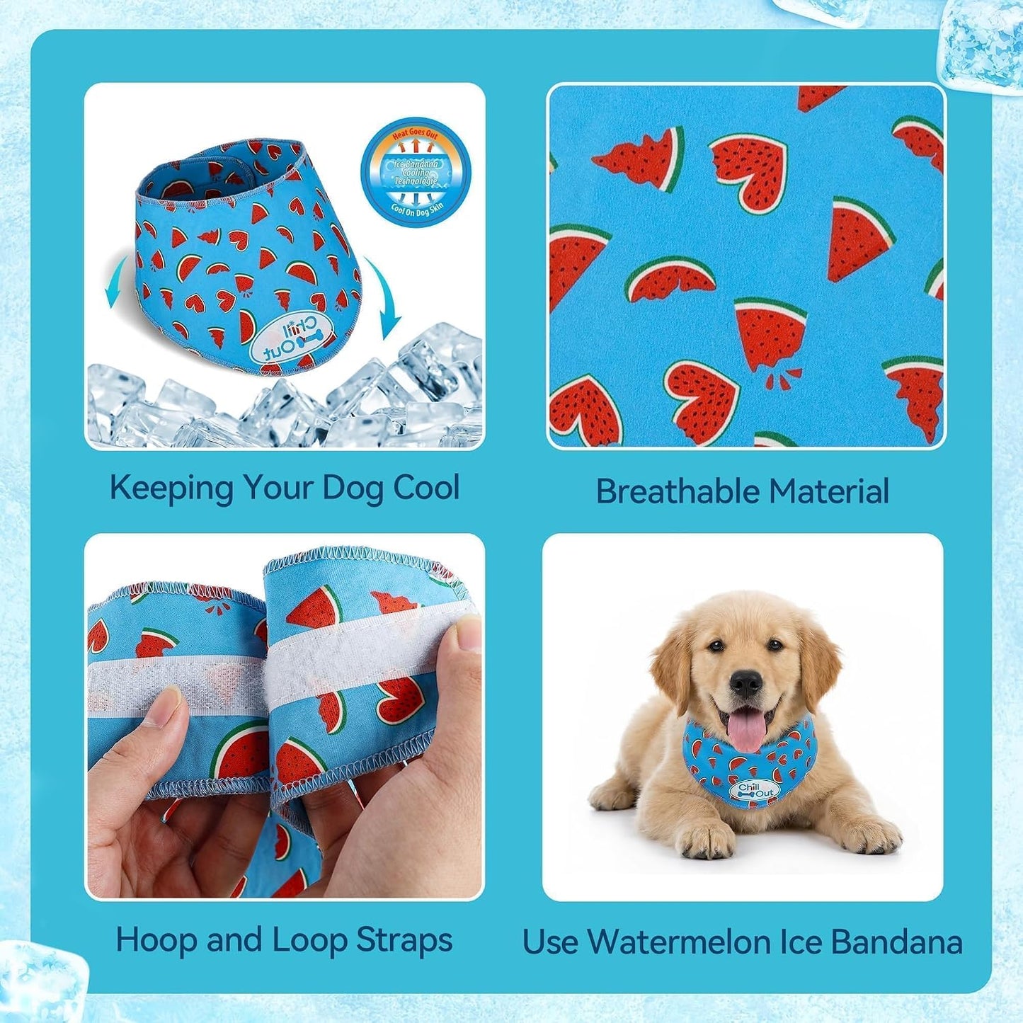 Side profile of dog wearing blue cooling neck scarf