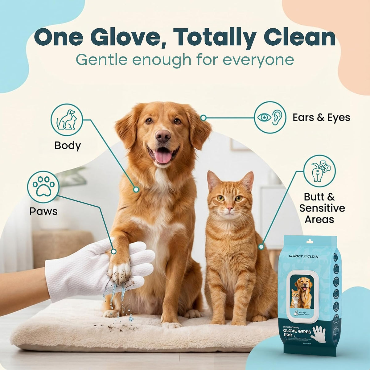 Back of Uproot Clean QuickClean Gloves Pro package with usage instructions and ingredients.
