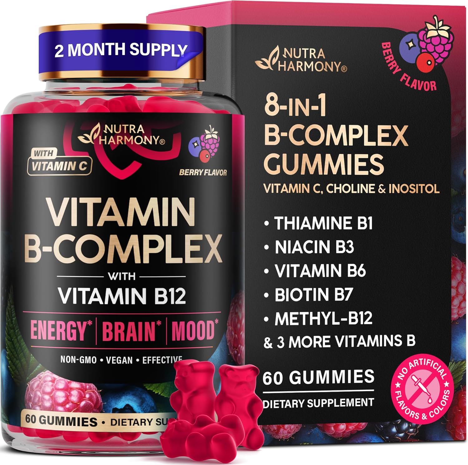 Nutraharmony Vitamin B Complex Gummies 60 vegan berry gummies front bottle view for authentic nutritional supplements.