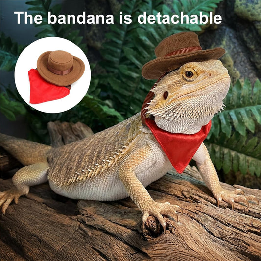 Adjustable lizard cowboy hat and red bandana outfit set for small pets