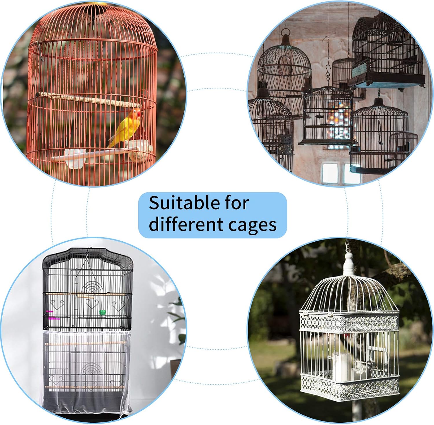 Daoeny nylon mesh guard on round bird cage showcasing elasticity