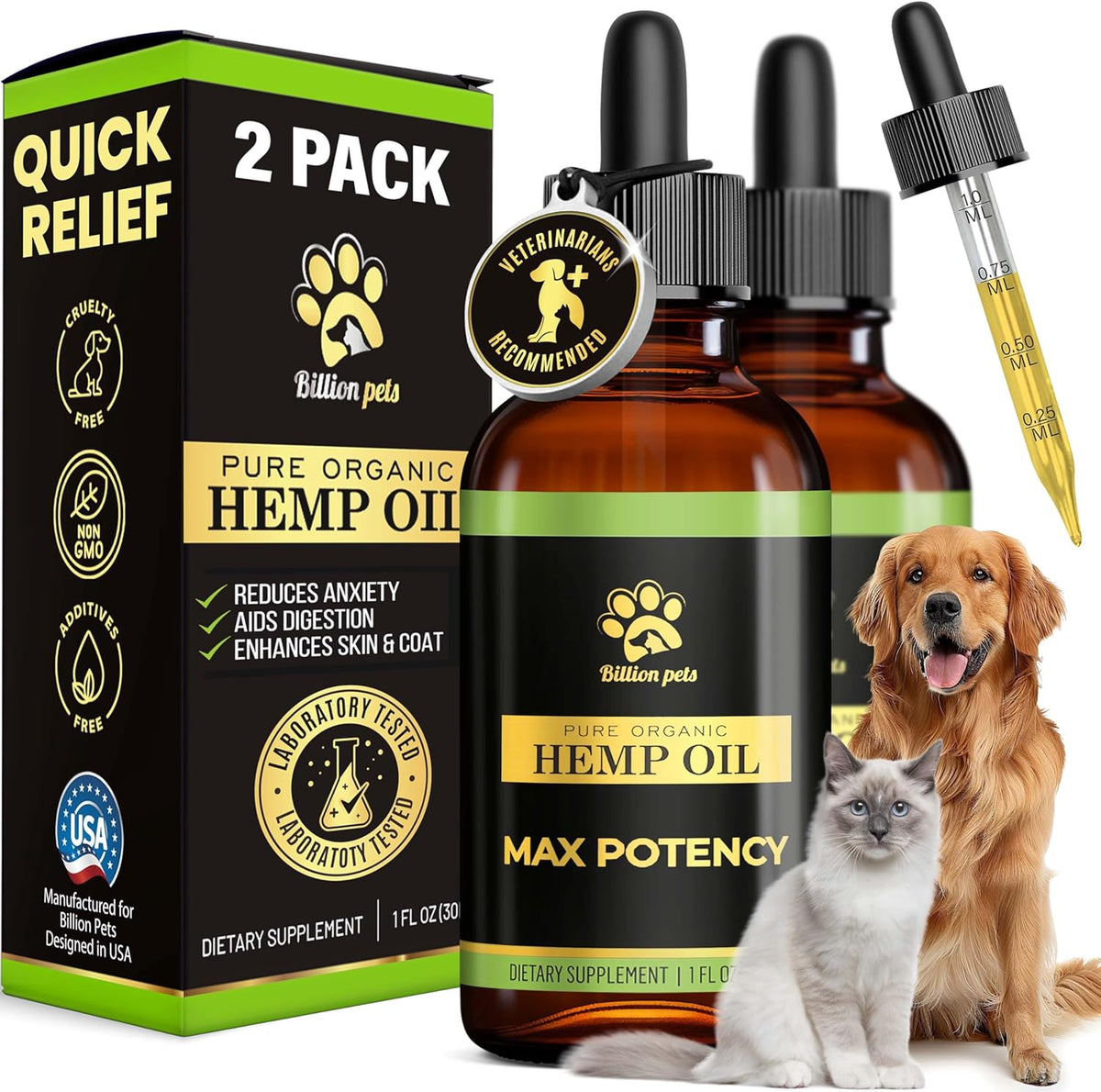 Billion Pets Hemp Oil for Dogs and Cats front view bottle of organic calming drops