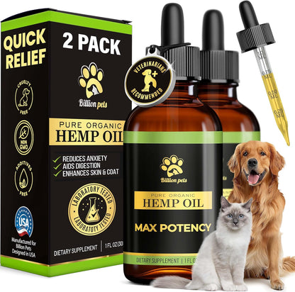 Billion Pets Hemp Oil for Dogs and Cats front view bottle of organic calming drops