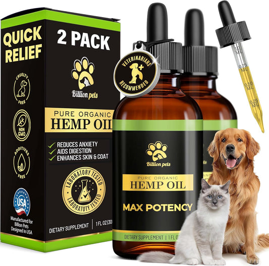 Billion Pets Hemp Oil for Dogs and Cats front view bottle of organic calming drops