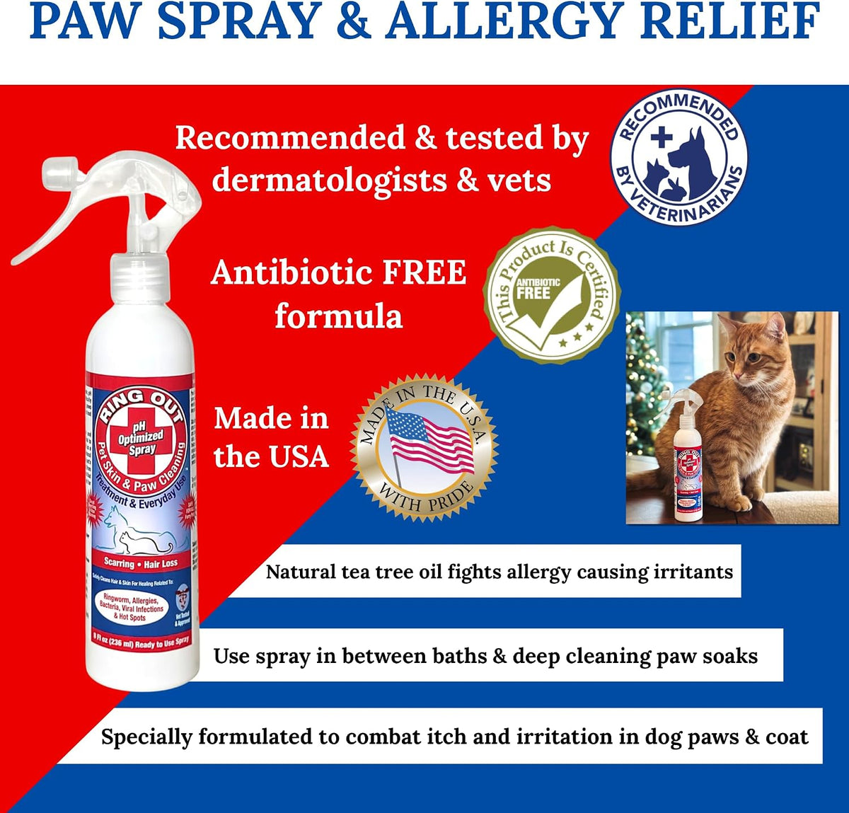 Premium USA-imported calming spray for pet dermatitis and hair loss recovery.