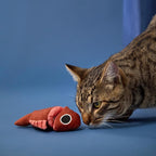 Close up view of the reinforced stitching and embroidered face on the GRRREEN eco friendly cat chew toy.