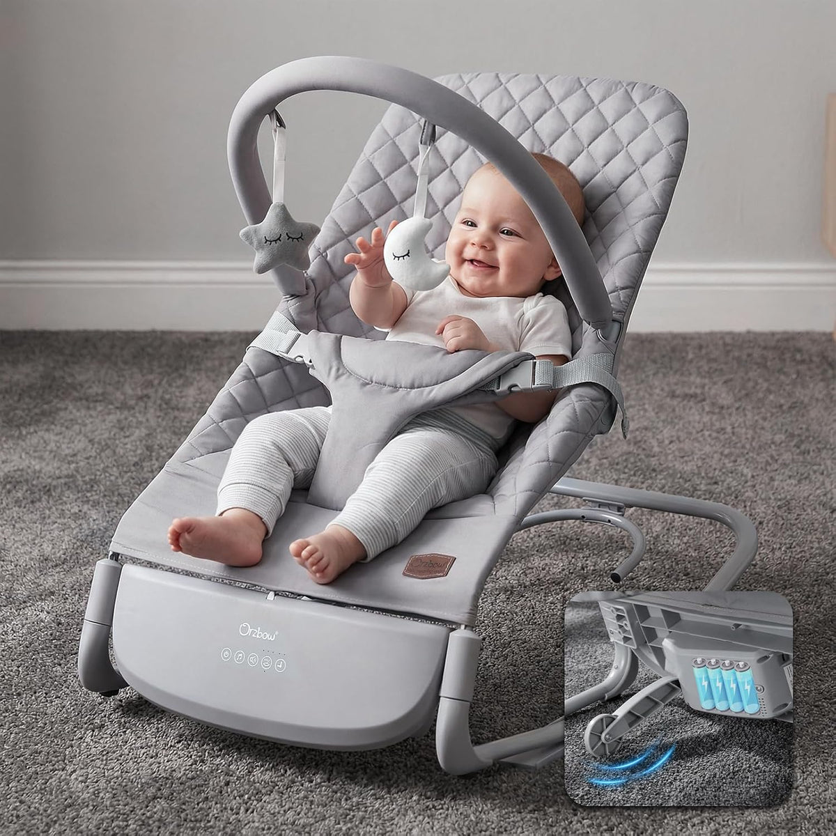 Orzbow electric baby bouncer and rocker front view showcasing gray quilted fabric design