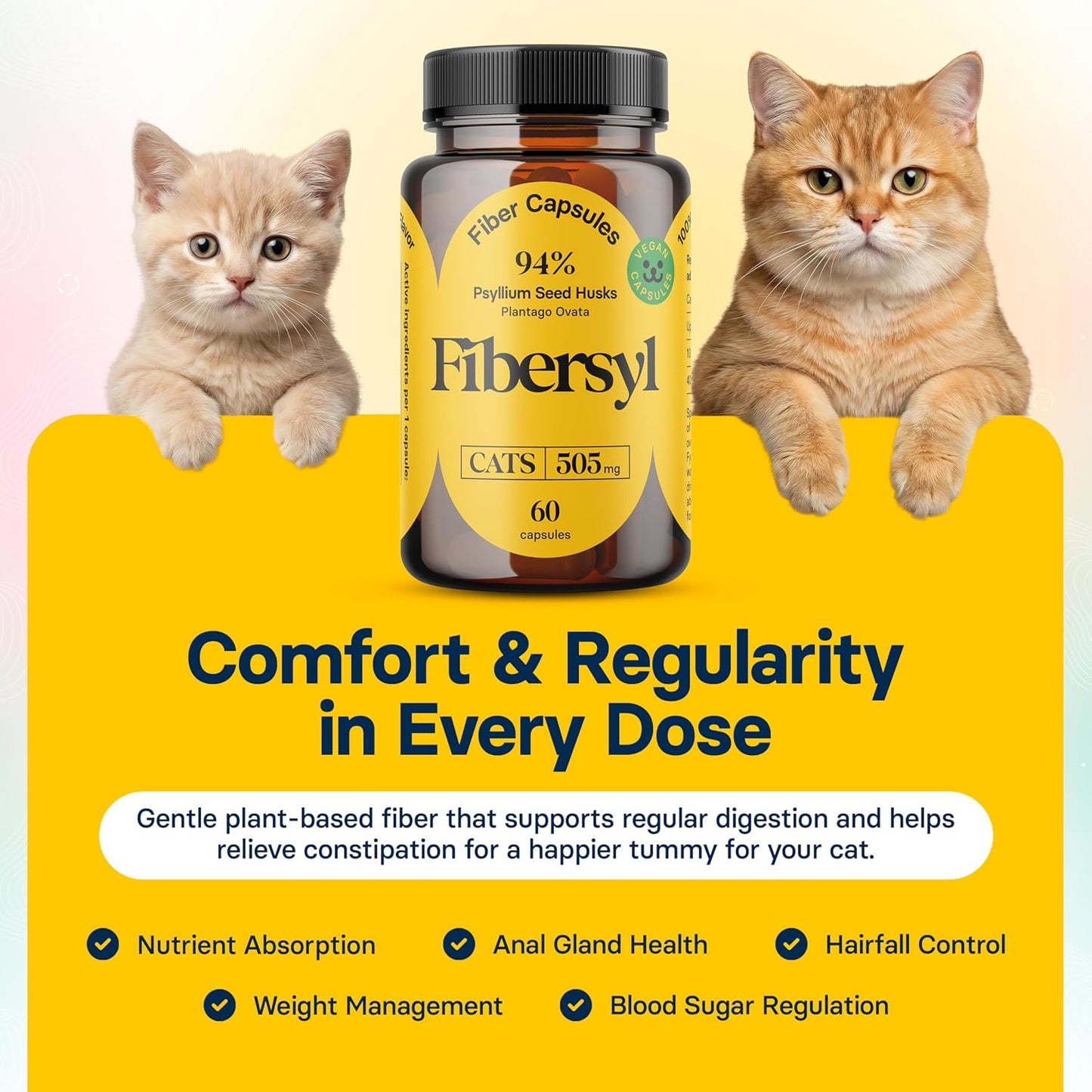 Medsmehappy FiberSyl digestive health formula packaging displaying feeding instructions and weight dosage guidelines.