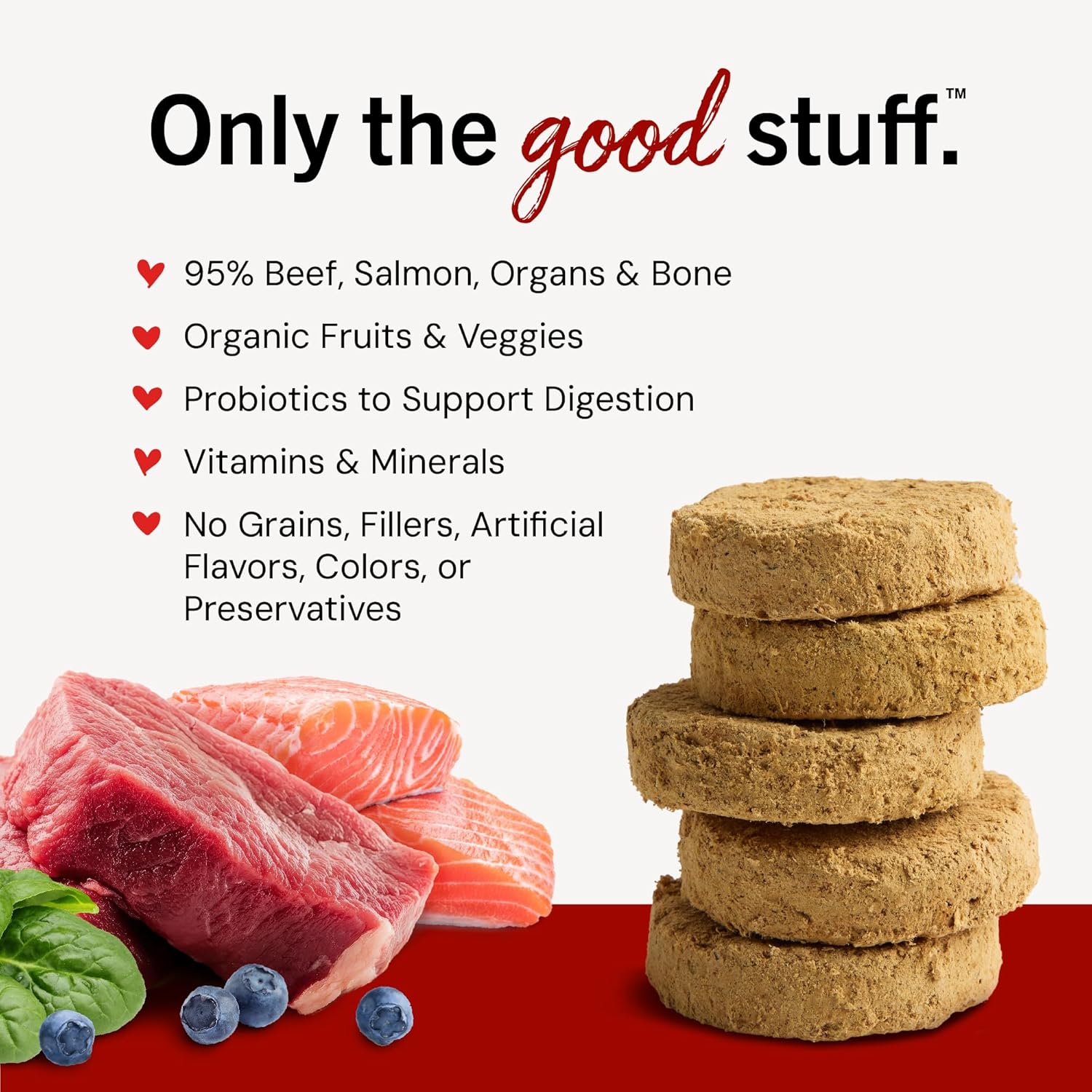 Close-up view of premium freeze-dried raw round dinner patties for puppy nutrition.