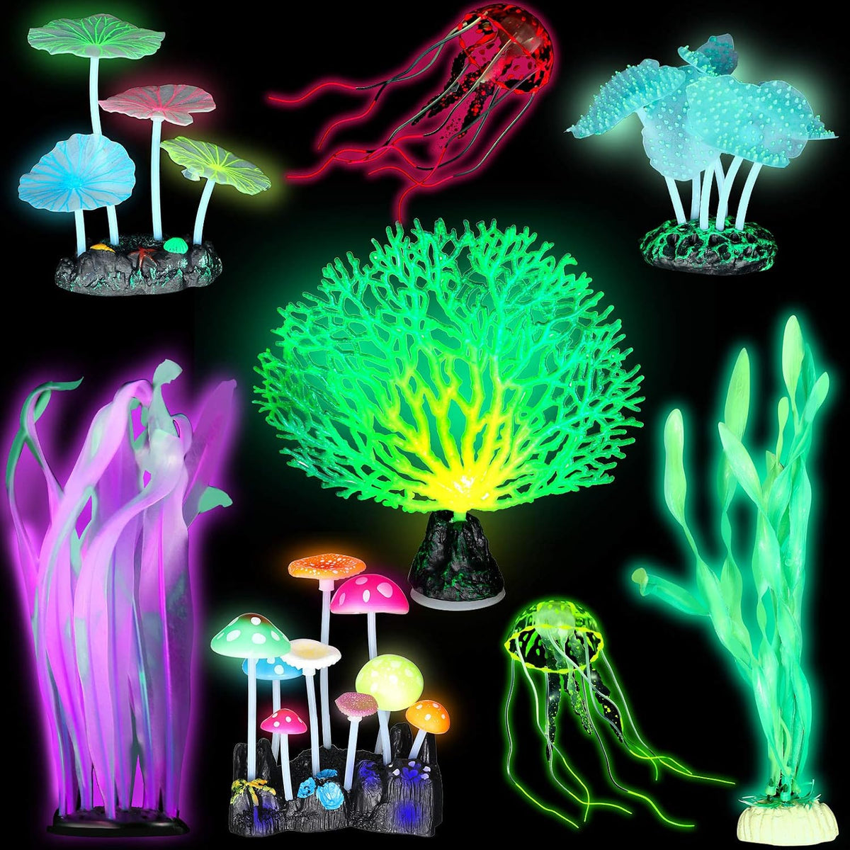 Frienda 8 Pieces Glowing Effect Fish Tank Decorations front view aquarium ornament