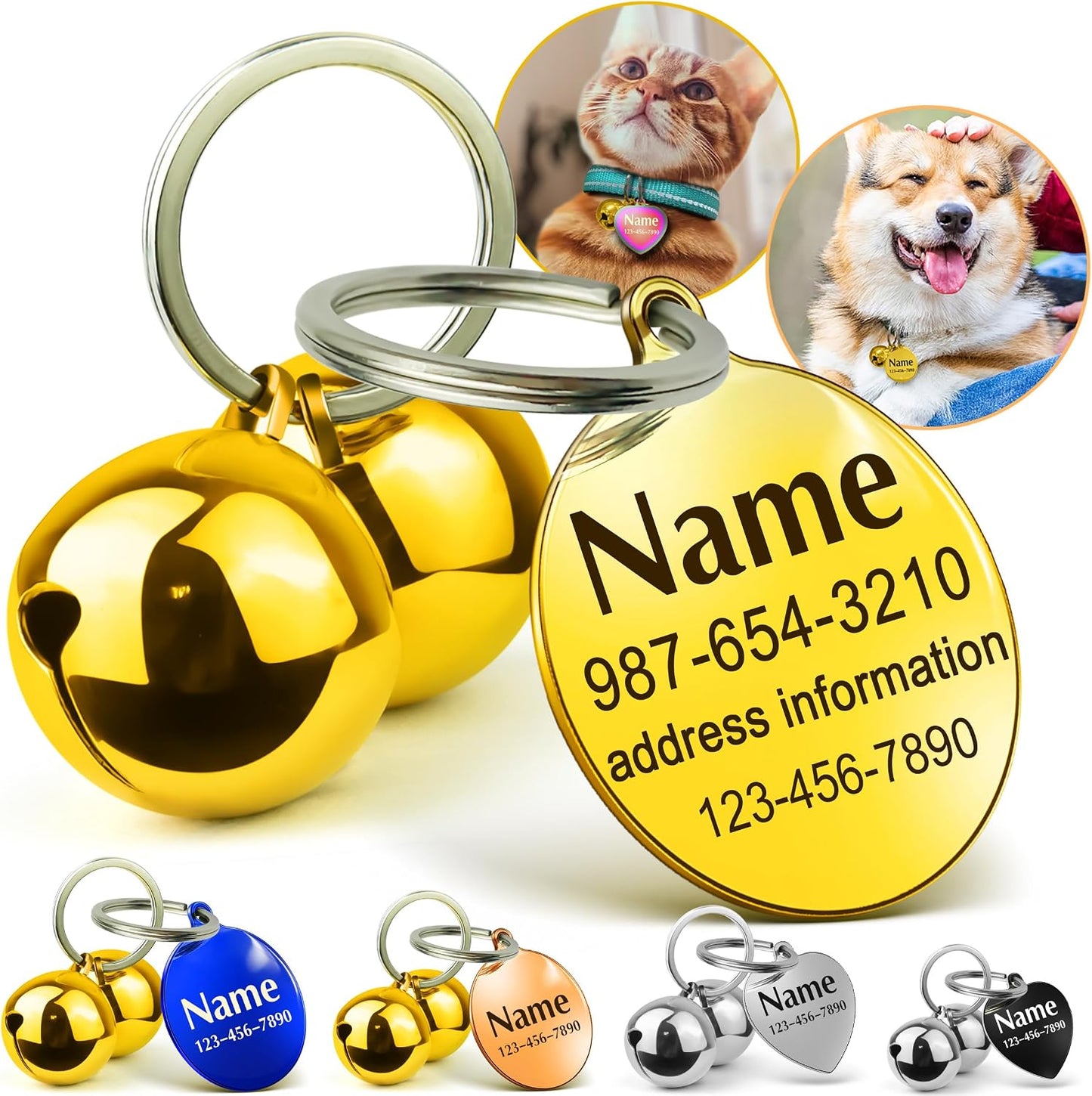 Heart and round shaped pet ID tags with jingle bells