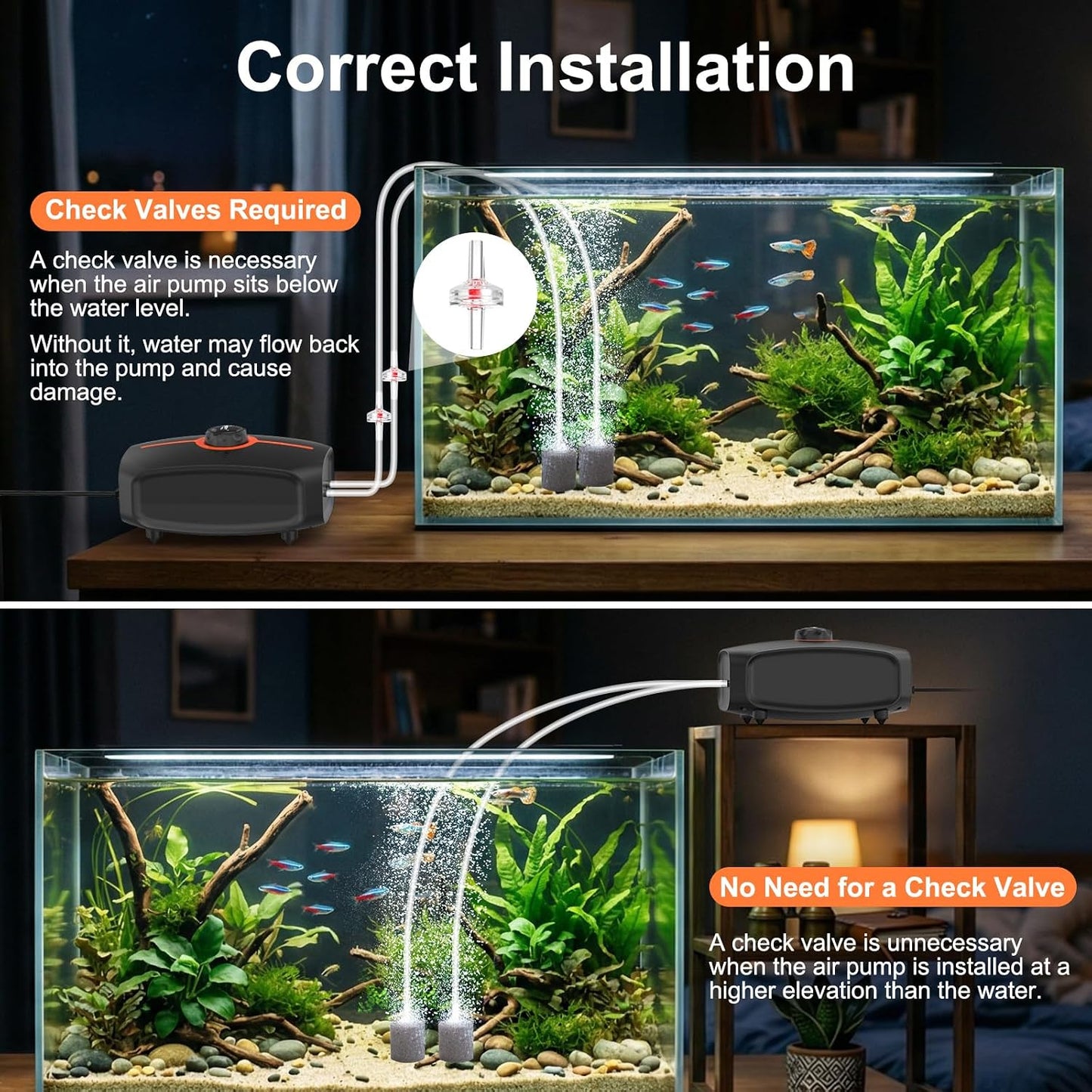 Hygger air pump operating in a large fish tank