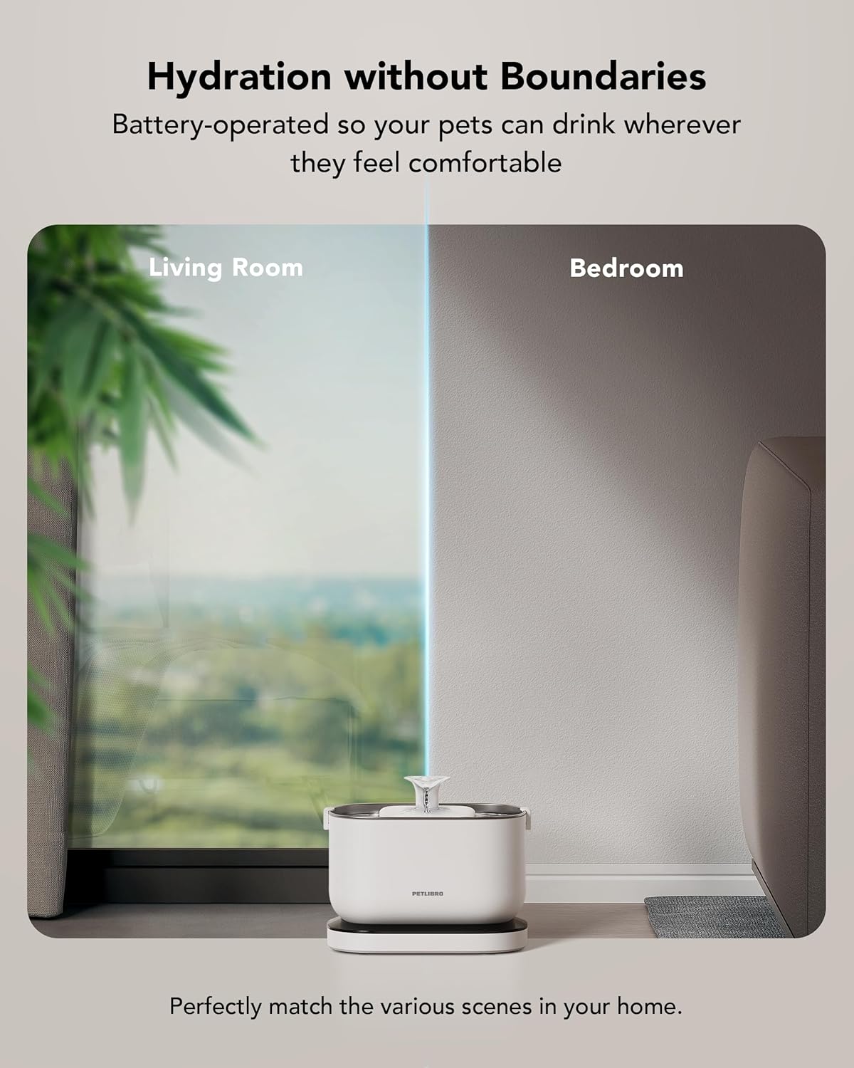 Side profile of Petlibro wireless cat fountain showing the water flow