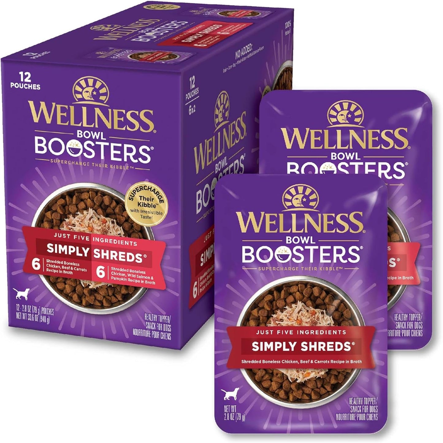 Wellness Bowl Boosters Simply Shreds Wet Dog Food Topper for Small,Medium,& Large Breeds,Grain Free,Natural,Chicken,Beef & Carrots,2.8 Ounce Pouch,(Pack of 24) - Image 11