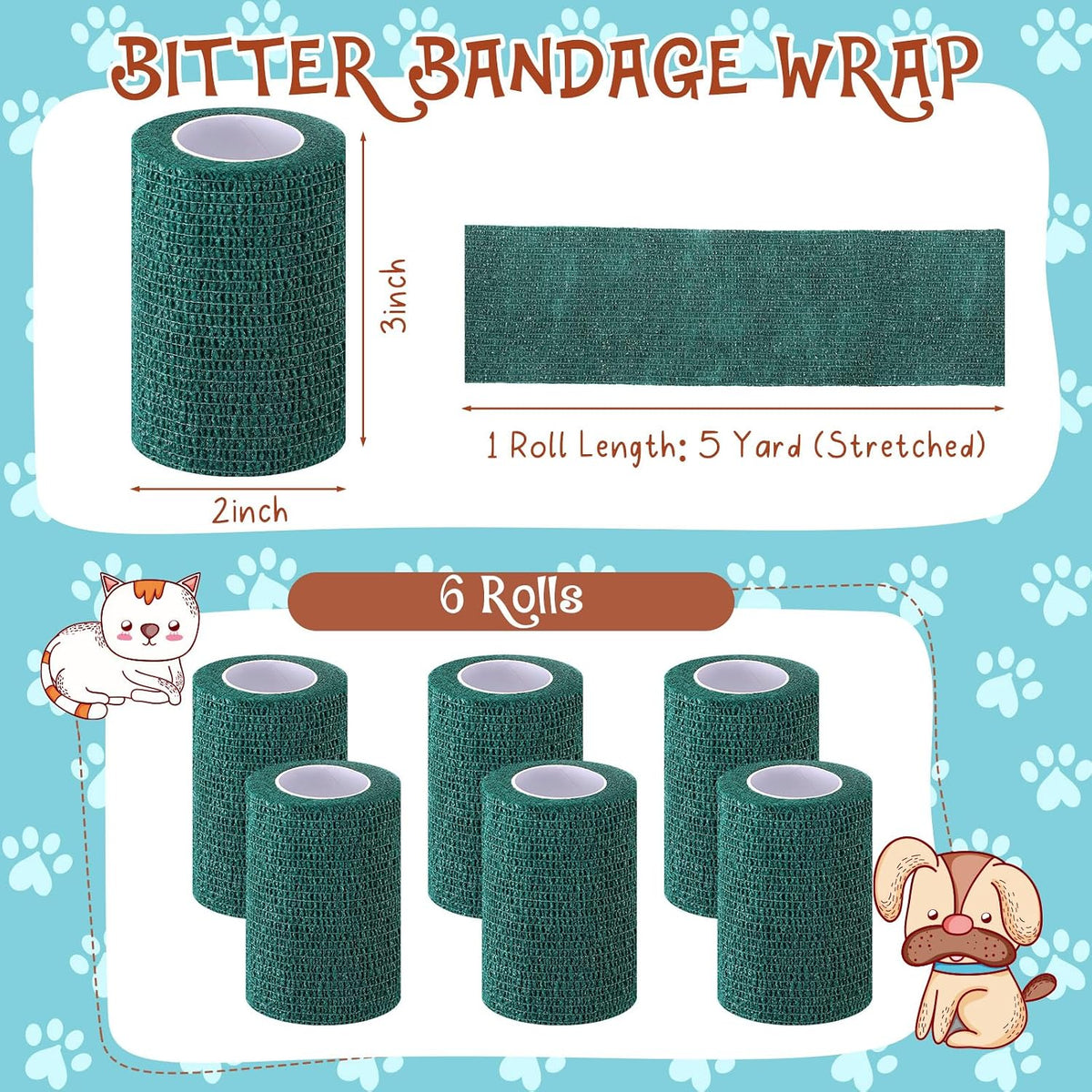 Six rolls of dark green Threlaco self-adhesive vet tape packaging
