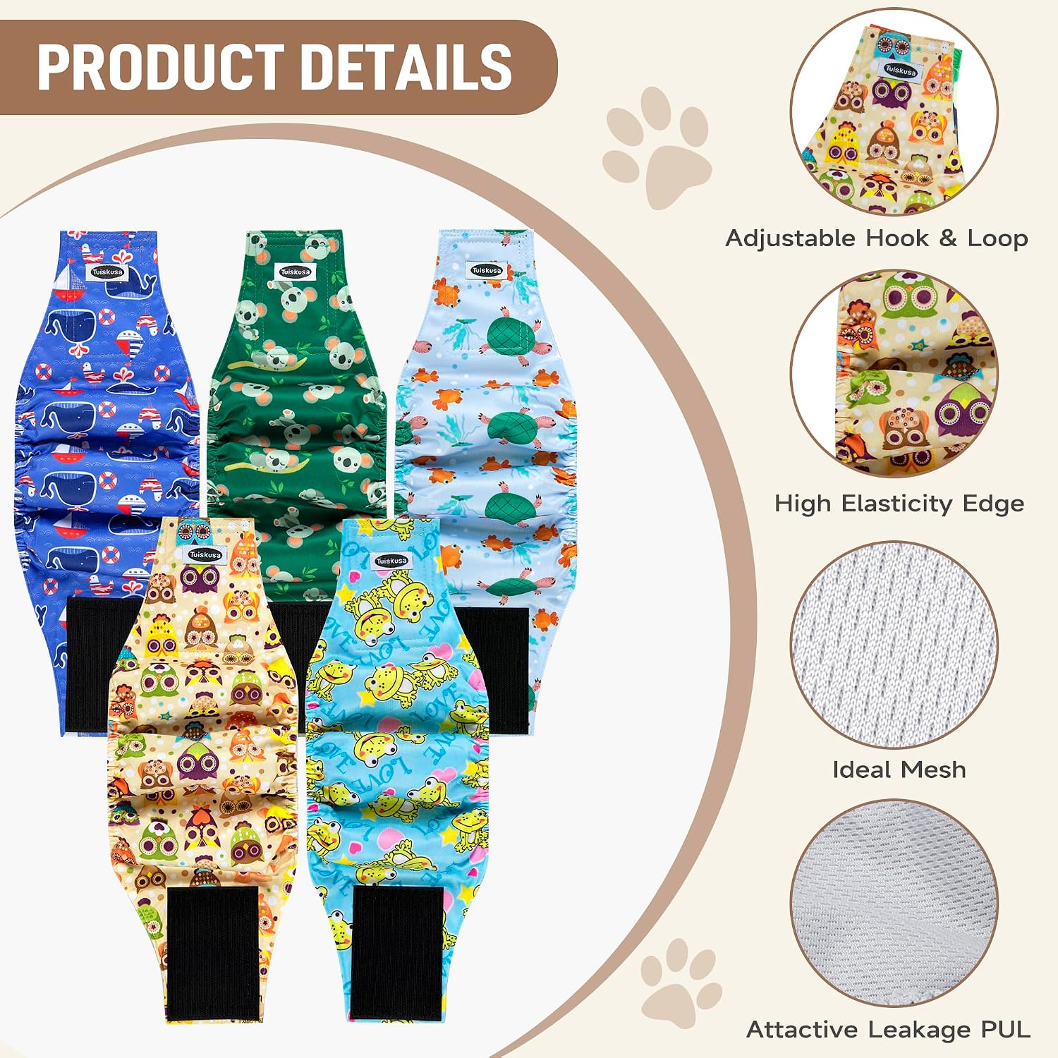Tuiskusa pet belly bands spread out to show the ergonomic elastic edging for leak prevention