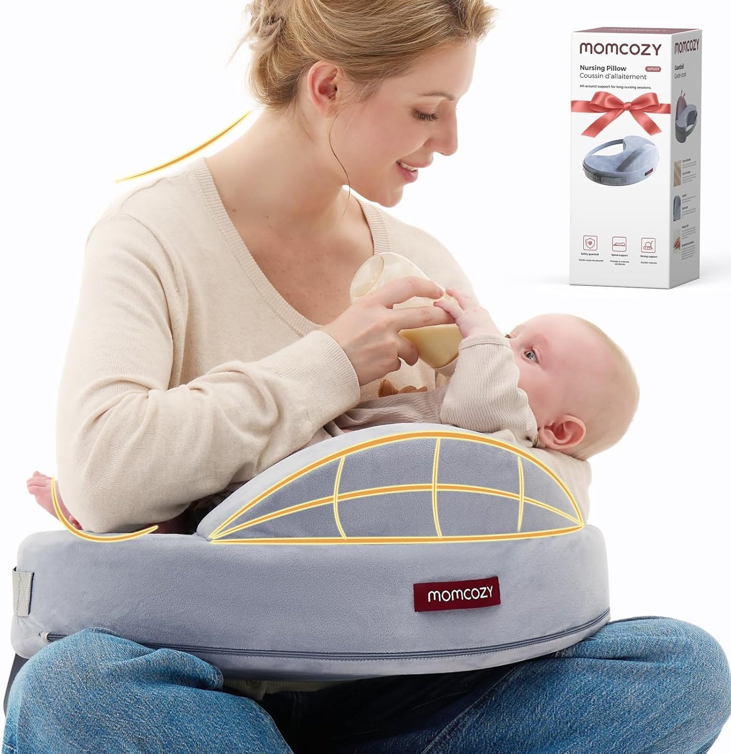 Momcozy innovative safety guard nursing pillow front view gray