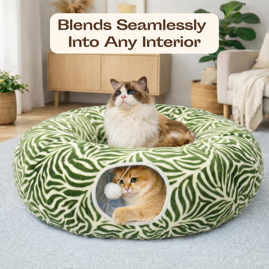 MEOWFIA large flexible cat tunnel stretched into a snake configuration on a living room floor