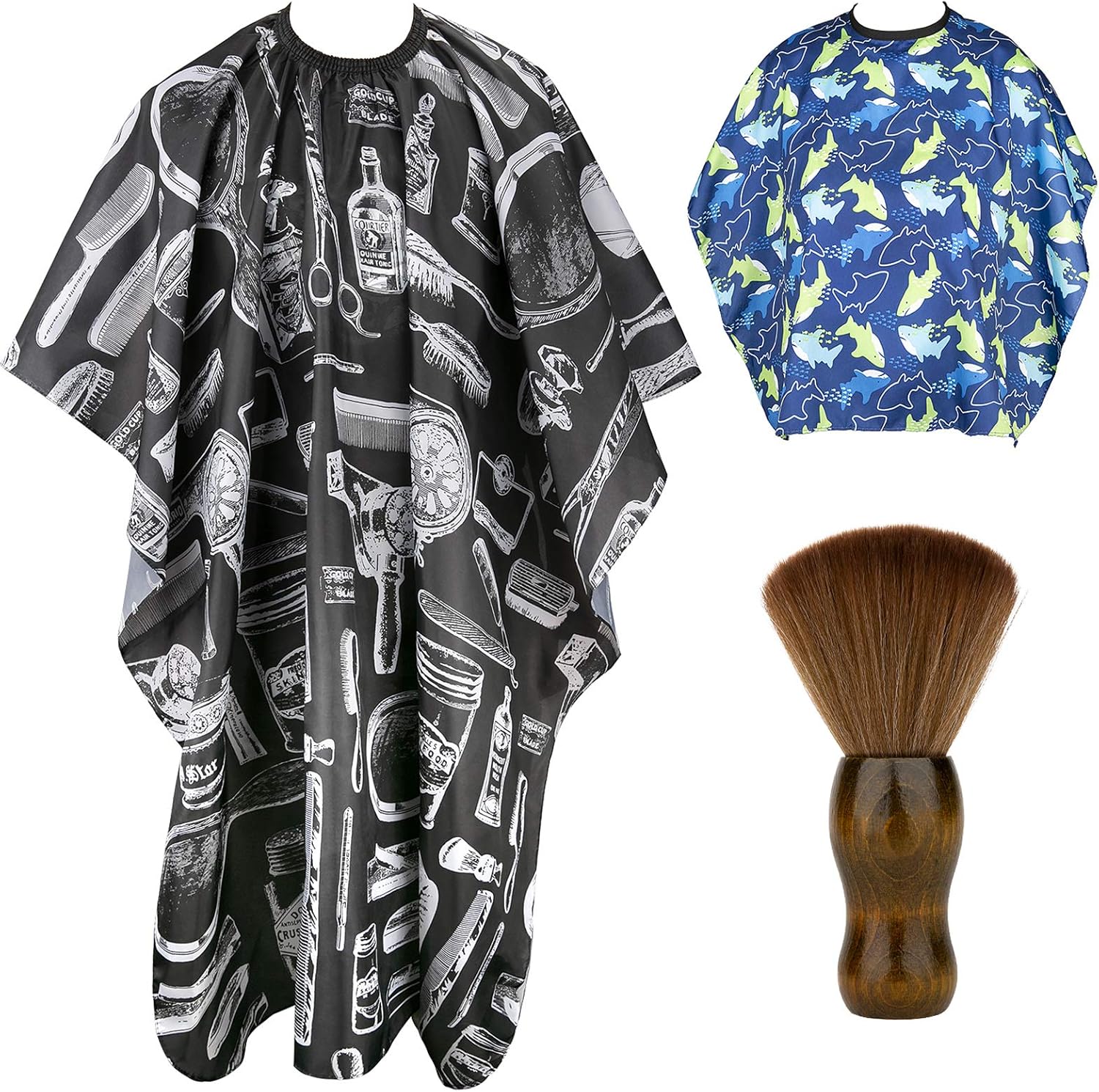 Himart hair cutting barber cape 3 piece set front view showing grey blue adult cape and child pattern cape