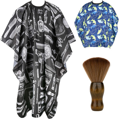 Himart hair cutting barber cape 3 piece set front view showing grey blue adult cape and child pattern cape